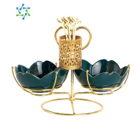 三维工匠北欧轻奢陶瓷零食盘糖果盘家用客厅茶几点心盘分格干果樱花水果碗 祖母绿2碗送5支金色树叶叉