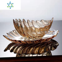 三维工匠玻璃水果盘家用客厅茶几简约现代轻奢风网红零食盘西瓜果盘摆件 [琥珀色]羽毛果斗+羽毛 果盘