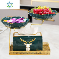 三维工匠2022新款水果盘客厅家用现代简约轻奢多层茶几摆件铁艺零食糖果盘 绿色铁艺两格盘+纸巾盒