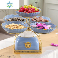 三维工匠2022新款水果盘客厅家用现代简约轻奢多层茶几摆件铁艺零食糖果盘 蓝色铁艺五格盘+纸巾盒