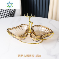三维工匠2022新款网红水果盘客厅家用茶几果盒干果零食收纳盒塑料心形果盘 二格心形果盘-琥珀(送金色小叉子)