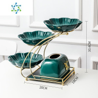 三维工匠网红水果盘客厅家用简约轻奢风茶几果盘多层零食糖果盘子前台摆件 三层果盘抽纸盒套装(祖母绿