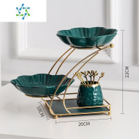 三维工匠网红水果盘客厅家用简约轻奢风茶几果盘多层零食糖果盘子前台摆件 双层果盘水果叉罐套装(祖母绿