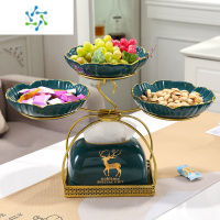 三维工匠2022新款水果盘客厅家用现代简约轻奢多层茶几摆件铁艺零食糖果盘 绿色铁艺三格盘+纸巾盒