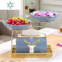 三维工匠2022新款水果盘客厅家用现代简约轻奢多层茶几摆件铁艺零食糖果盘 蓝色铁艺两格盘+纸巾盒