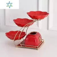 三维工匠欧式果盘轻奢风家用客厅茶几多层水果盘高端零食糖果坚果干果盘子 三层果盘抽纸盒套装(魅力红)