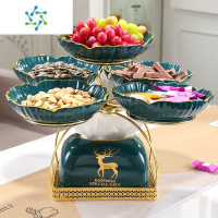 三维工匠2022新款水果盘客厅家用现代简约轻奢多层茶几摆件铁艺零食糖果盘 绿色铁艺五格盘+纸巾盒
