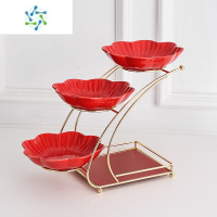 三维工匠欧式果盘轻奢风家用客厅茶几多层水果盘高端零食糖果坚果干果盘子 三层果盘[3盘+金架](魅力红)