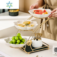 三维工匠欧式果盘轻奢风家用客厅茶几多层水果盘高端零食糖果坚果干果盘子 三层果盘水果叉罐套装(云朵白)