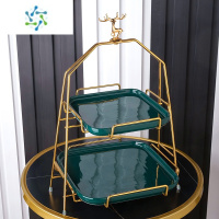 三维工匠甜品台展示架蛋糕托盘摆点心盘零食盘水果盘客厅家用轻奢茶几果盘 绿色盘+鹿金架(上中+下大)