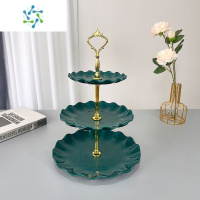 三维工匠多层水果盘茶几架子客厅摆放家用甜品台展示架摆件蛋糕简约糖果 绿色花瓣三层金皇冠