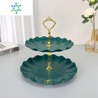 三维工匠多层水果盘茶几架子客厅摆放家用甜品台展示架摆件蛋糕简约糖果 绿色花瓣两层金皇冠