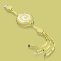 柠檬黄[3A快充☆提速60%]一拖三伸缩数据线棒棒糖款|多功能充电器typec数据线一拖三手机充电头多头万能通用伸缩多