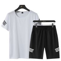 813三条杠#白黑 M|运动套装男短袖短裤训练速干健身服夏季羽毛球薄款吸汗透气跑步服