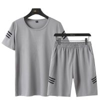 813三条杠#灰色 4XL|运动套装男短袖短裤训练速干健身服夏季羽毛球薄款吸汗透气跑步服