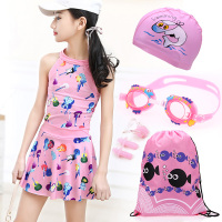 新款女童泳衣中大童韩版分体裙式保守平角连体游泳衣套装学生泳装