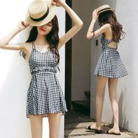 夏季新款格子性感小胸聚拢显瘦游泳衣女保守韩版学生连体大码泳装