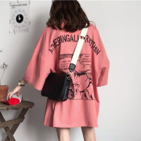原宿女装半袖卡通上衣夏休闲中长款圆领短袖T恤女宽松韩版学生潮