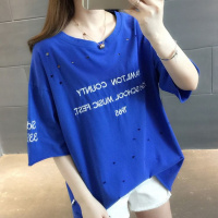 100%纯棉破洞蓝色短袖T恤女学生新款韩版宽松大码刺绣字母上衣夏