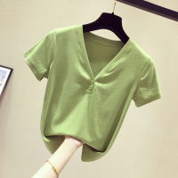 绿色V领短袖女T恤上衣2020春夏新款韩版ins修身体恤打底衫半袖潮