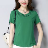 2020新款中年妈妈装夏装女士纯棉短袖T恤女宽松显瘦刺绣体恤上衣