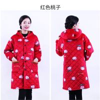 冬季长款罩衣韩版加厚保暖成人罩衣男女围裙家居服防护工作服|红色桃子 XL(适合90-120斤)