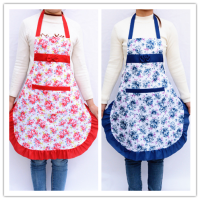 花边围腰加厚]围裙女韩版背带餐厅时尚做饭炒菜可爱公主|红色+蓝色 玫瑰花围裙送蔷薇花围裙