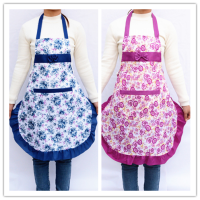 花边围腰加厚]围裙女韩版背带餐厅时尚做饭炒菜可爱公主|蓝色+紫色 玫瑰花围裙送玫瑰花围裙