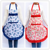 花边围腰加厚]围裙女韩版背带餐厅时尚做饭炒菜可爱公主|蓝色+红色 玫瑰花围裙送发财花围裙