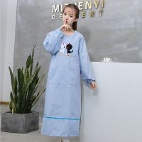 新款韩版时尚围裙成人罩衣女厨房防油马甲式坎肩夏季透气薄不起球|加长款-长袖-小方格-黑白猫(蓝色)