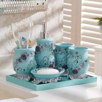 欧式卫浴五件套创意浴室用品套件蓝色玫瑰洗漱杯牙刷架牙杯套装|玫瑰爱人蓝带方形托盘