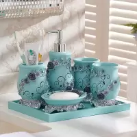 欧式卫浴五件套创意浴室用品套件蓝色玫瑰洗漱杯牙刷架牙杯套装|玫瑰爱人蓝带方形托盘