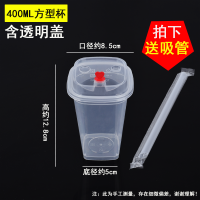 一次性奶茶杯加厚塑料杯网红饮料果汁杯带盖高透磨砂注塑杯带吸管|400ml方型杯 25套【黑色盖】送吸管