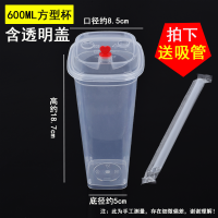 一次性奶茶杯加厚塑料杯网红饮料果汁杯带盖高透磨砂注塑杯带吸管|600ml方型杯 25套[白色盖]送吸管