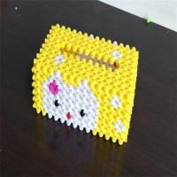 手工串珠成品抽纸盒车用纸巾盒男女朋友礼品礼物家居摆饰收纳盒子|天蓝色实色珠小猫黄小号