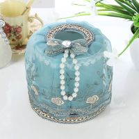 新品欧式创意蕾丝布艺纸巾盒客厅家用车用抽纸盒卷纸盒餐巾套|低调奢华蓝色 三件套