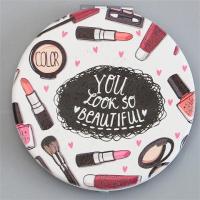 时尚皮面镜女士随身镜学生双面折叠镜迷你小镜子|白底口红圆形