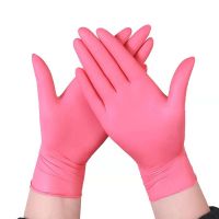 一次性手套乳胶橡胶丁晴薄膜加厚工作洗碗防刺穿防油食品塑料|玫色9寸-100只盒装 L