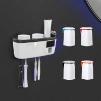 智能牙刷消毒器紫外线杀菌卫生间壁挂式收纳盒挤牙膏置物架免打孔|白色(自带2杯)再送4杯磁吸杯