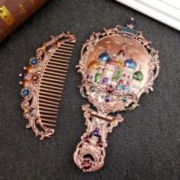 俄罗斯手柄小镜子带梳子套装复古随身便携化妆镜可折叠台式公主镜|城堡红古镜子[套装]