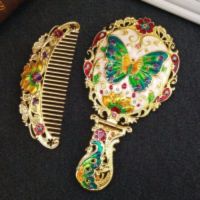 俄罗斯手柄小镜子带梳子套装复古随身便携化妆镜可折叠台式公主镜|蝴蝶金色[套装]