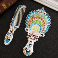 俄罗斯手柄小镜子带梳子套装复古随身便携化妆镜可折叠台式公主镜|开屏银色[套装]