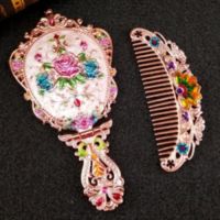 俄罗斯手柄小镜子带梳子套装复古随身便携化妆镜可折叠台式公主镜|花朵玫瑰金【套装】