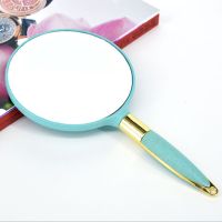 美容院镜子化妆镜 随身镜木质复古手拿便携梳妆镜 大号手柄镜圆形|塑料框[蓝色]圆形