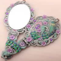 俄罗斯化妆镜台式公主便携手柄折叠镜子手持复古孔雀仿铜美容镜子|05孔雀锡