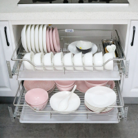 拉篮橱柜厨房304不锈钢放碗碟收纳沥水双层抽屉式地柜置物调味架