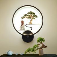墙壁灯具客厅背景禅意壁灯卧室创意复古新调光楼梯床头灯中式遥控