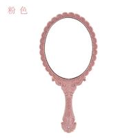美容院纹绣化妆镜便携高清复古随身手拿手持小镜子花纹手柄化妆镜|粉色 +1个/发绳和1把桃木梳