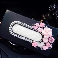 汽车遮阳板纸巾盒高档皮革车用抽纸盒套车载挂式镶钻可爱女纸巾夹|安娜苏粉色花黑-抽纸盒