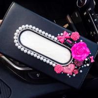 汽车遮阳板纸巾盒高档皮革车用抽纸盒套车载挂式镶钻可爱女纸巾夹|安娜苏枚红色花黑-抽纸盒